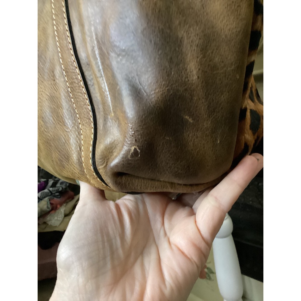 Patricia Nash Leopard Calf Hair Distressed Leather Tote Bag Brown Large Studded - Picture 6 of 10